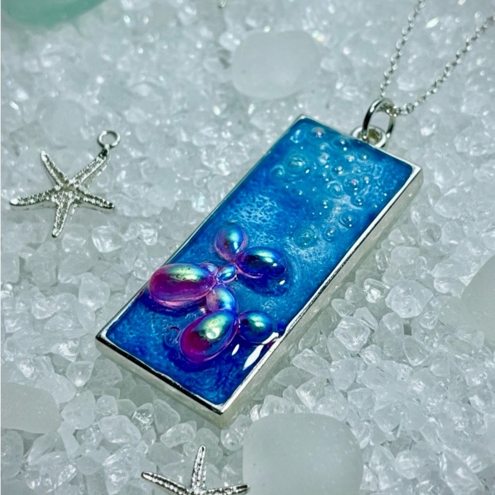 Blue Iridescent Bubble Rectangle Pendant Necklace